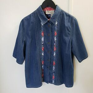 Koret City Blues Shirt Women L Denim Short Sleeve Button Front Patchwork 80s 90s